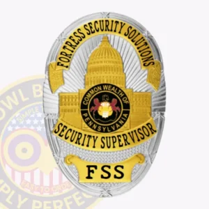 Custom Security Supervisor Badge Oval, 3 Text Panels 8 This custom metal badge for security supervisor features a polished silver finish adorned with elegant gold panels at the top and bottom. The badge showcases a detailed dome design, with "fortress security solutions" arched above and "security supervisor" prominently displayed in bold, ensuring clear identification.