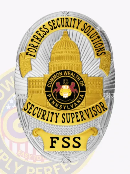 Designed as a custom metal badge for security supervisor, this silver badge is enhanced with attractive gold panels. It showcases an intricate dome design, with "FORTRESS SECURITY SOLUTIONS" arched elegantly above and "SECURITY SUPERVISOR" clearly presented below, emphasizing professionalism and authority.