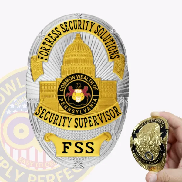 A custom flex badge for security supervisor in silver features an intricate design with gold panels at the top and bottom. The badge prominently displays "FORTRESS SECURITY SOLUTIONS" arched above a detailed depiction of a dome, and "SECURITY SUPERVISOR" in bold text at the center, creating a striking visual appeal.