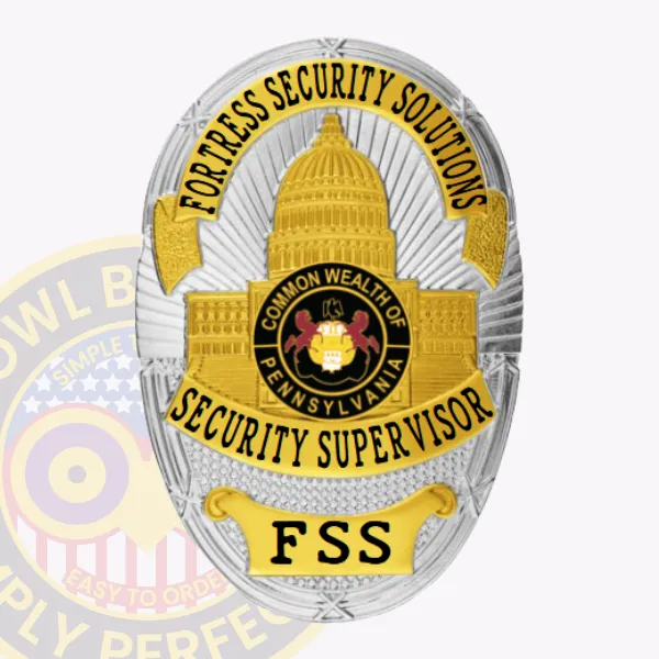 This custom metal badge for security supervisor features a polished silver finish adorned with elegant gold panels at the top and bottom. The badge showcases a detailed dome design, with "FORTRESS SECURITY SOLUTIONS" arched above and "SECURITY SUPERVISOR" prominently displayed in bold, ensuring clear identification.