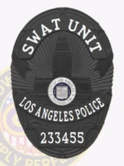 Custom oval metal badge for the LAPD SWAT unit, featuring a sleek black finish. The text "SWAT UNIT" is prominently displayed at the top in bold white letters. Centrally located is a detailed illustration of Los Angeles City Hall, surrounded by the phrase "LOS ANGELES POLICE," which curves elegantly beneath. The badge number "233455" is clearly visible at the bottom, and a safety pin attachment allows for convenient fastening.