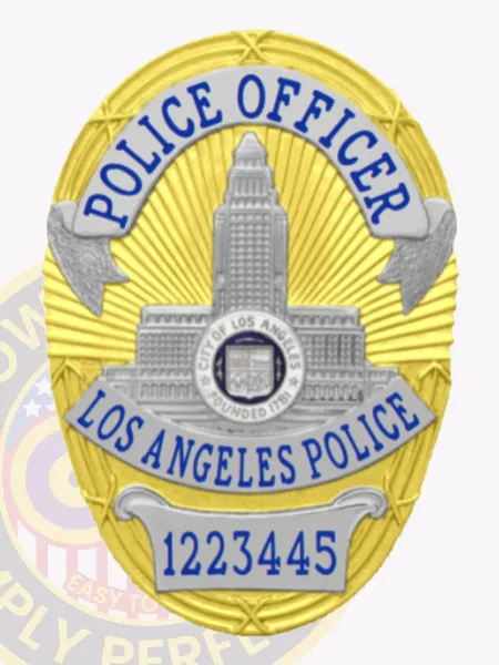LAPD police officer custom oval badge featuring a radiant gold finish with silver accents. The bold blue text "POLICE OFFICER" stands out at the top, above an intricate depiction of LA City Hall. The words "LOS ANGELES POLICE" elegantly curve around the lower section, while the badge number "1223445" is prominently displayed at the bottom, complete with a safety pin attachment for easy wear.