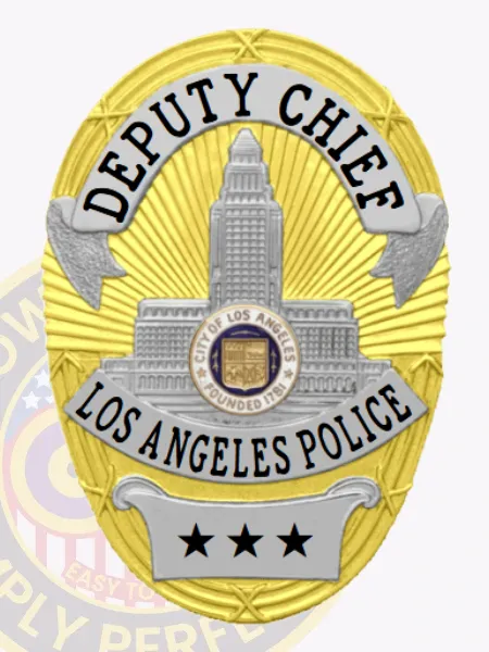 Elegant gold custom oval badge designed for the LAPD Deputy Chief, complemented by silver panels. The bold text "DEPUTY CHIEF" is displayed at the top, with an intricate illustration of Los Angeles City Hall in the center. "LOS ANGELES POLICE" curves around the badge’s lower section, while three silver stars enhance its authority, featuring a safety pin attachment for easy wear.