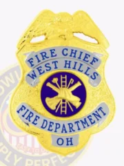 Bright gold custom fire chief badge for West Hills Fire Department, eagle perched on top, blue text on silver ribbons surrounding a dark blue circle with gold firefighter tools, made as a metal badge with safety pin attachment.