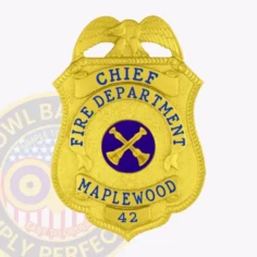 Custom gold eagle-top metal badge for maplewood fire department chief, displaying blue lettering “chief fire department maplewood 42” enveloping a blue circle with crossed axes in the middle, designed for easy wear with safety pin attachment.