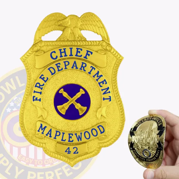 Custom gold firefighter badge featuring an eagle at the top, with blue text reading “CHIEF FIRE DEPARTMENT MAPLEWOOD 42” surrounding crossed axes in the center, designed as a flex badge with a velcro attachment for easy wear.