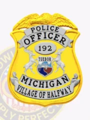 Custom gold eagle top metal badge displaying a gleaming gold shield with a detailed eagle on top, white banners bearing black text "POLICE OFFICER," officer number "192" in the oval center, two silver deer flanking the Michigan state seal in color, and "MICHIGAN VILLAGE OF HALFWAY" on the bottom ribbon, crafted for police officers with safety pin attachment.
