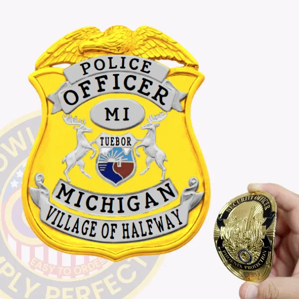 Custom gold eagle top flex badge for Village of Halfway Police Dept., featuring a bright gold shield with a raised eagle on top, white banner with black text reading "POLICE OFFICER," center oval with "MI," the Michigan state seal in color, and "MICHIGAN" above "VILLAGE OF HALFWAY" at the bottom, designed with a velcro attachment for police officers.