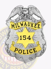 Custom Milwaukee Police Dept. badge in silver metal featuring an eagle on top, gold curved banners with black text MILWAUKEE and POLICE, and a central gold star displaying the number 154, attached with a safety pin.