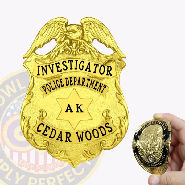 Gold custom eagle top shield flex badge for Cedar Woods police investigator, featuring raised text "INVESTIGATOR," "POLICE DEPARTMENT," and "CEDAR WOODS," with a six-point star in the center marked "AK," showcasing velcro attachment on back.