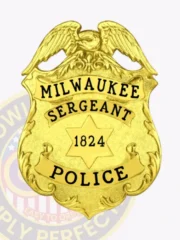Milwaukee Police Dept. custom gold metal badge for Sergeant featuring a detailed eagle atop the shield shape, gold banners with black text MILWAUKEE, SERGEANT, and POLICE, and a central gold star displaying 1824, attached with a safety pin.