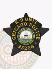 Five-point black star badge labeled K-9 Unit Chicago Police, featuring gold lettering and detailed Chicago city seal in the center, designed with a safety pin fastener