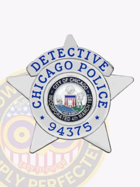 Chicago police detective silver five-point star badge with prominent blue enamel lettering surrounding the City of Chicago seal, including a safety pin for secure attachment