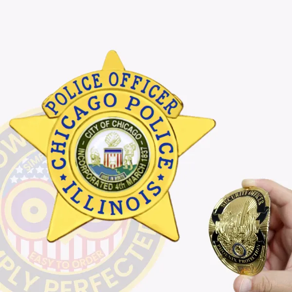 Custom gold 5 point star flex badge for Chicago police dept. police officer, featuring blue enamel text around a central City of Chicago seal, with a velcro attachment for easy fastening