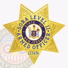 Custom gold metal badge with seven embossed star points for sora level ii armed security, showing bright blue text "sora level ii armed officer" surrounding the colorful new jersey emblem, and a serial number "123456" below, attached with a safety pin.