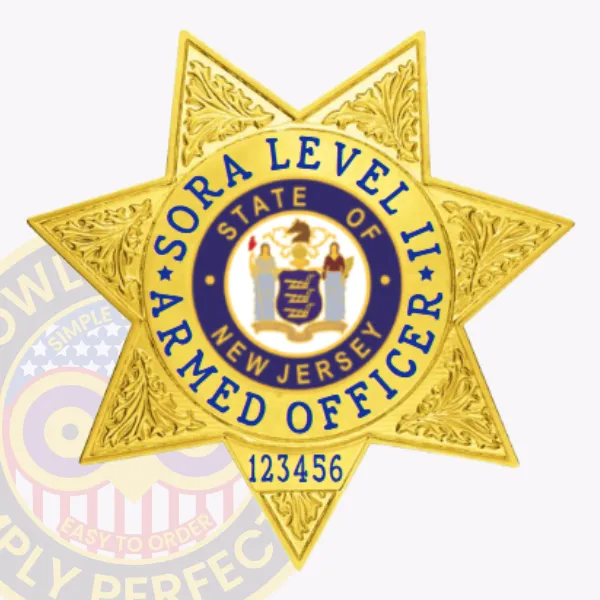 Custom gold metal badge with seven embossed star points for SORA Level II Armed Security, showing bright blue text "SORA LEVEL II ARMED OFFICER" surrounding the colorful New Jersey emblem, and a serial number "123456" below, attached with a safety pin.