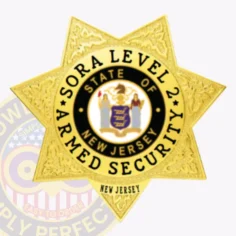 Custom gold metal badge with seven embossed star points for sora level ii armed security, showing black lettering "sora level 2 armed security" surrounding the colorful new jersey seal, and a small "new jersey" text at the base, attached with a safety pin.