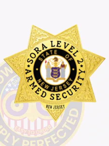 Polished gold seven-point star metal badge designed for SORA Level II Armed Security, featuring black capitalized text circling the State of New Jersey seal, detailed embossed designs on each point, and a "NEW JERSEY" label at the bottom, secured by a safety pin attachment.