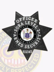Black seven-point star metal badge showing detailed embossed leaf designs on each arm, white lettering "OFFICER SORA LEVEL 2 ARMED SECURITY" surrounding the New Jersey state emblem, made for SORA Level II Armed Security with a safety pin fastener.
