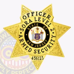 Custom gold metal badge with seven embossed star points for sora level ii armed security, showing bright black text "officer sora level 2 armed security" surrounding the colorful new jersey emblem, and a serial number "456123" below, attached with a safety pin.