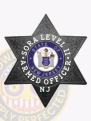 Black six-point star metal badge for SORA Level II armed officers, showcasing intricate leaf engraving on each star tip, a central blue ring with white text reading "SORA LEVEL II ARMED OFFICER," and "NJ" at the bottom, equipped with a safety pin attachment for secure fastening.