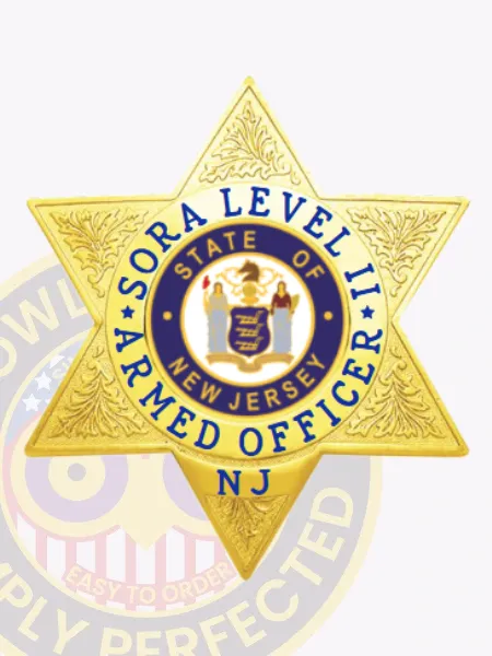 Six-point star gold metal badge customized for SORA Level II armed officers, featuring subtle leaf embossing on star tips, a blue circle around the New Jersey state seal with text "SORA LEVEL II ARMED OFFICER NJ," designed with a safety pin attachment for easy placement.