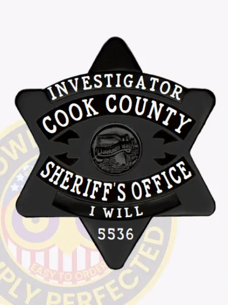 Six-point black metal star badge labeled Investigator Cook County Sheriff’s Office with clear white text, central Illinois emblem, and a safety pin fastener for secure wear