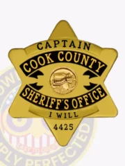 Gold six-point star badge for Cook County sheriff's office captain, showcasing black enamel text and raised Illinois state seal detail, designed with a safety pin attachment