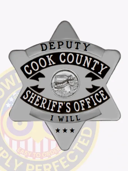 Cook County sheriff's office deputy metal badge in silver six-point star shape, black enamel lettering, central Illinois state seal, three black stars on lower point, and safety pin closure