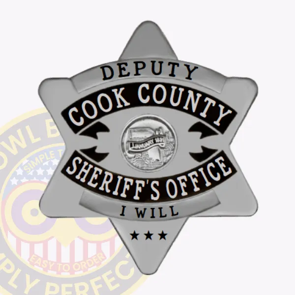 Silver 6 point star custom metal badge for Cook County sheriff's office deputy with black text banners, central Illinois seal, three stars on bottom point, and safety pin backing for secure use
