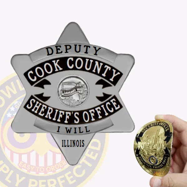 Custom silver 6 point star flex badge for Cook County sheriff's office deputy with bold black enamel text, central emblem featuring Illinois state seal, and velcro backing for easy attachment