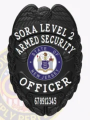 Sleek black metal badge for New Jersey SORA officers, showing an eagle crest, white text SORA LEVEL 2 ARMED SECURITY OFFICER, the official state seal in the center, and a numbered ID plate 678912345 with safety pin attachment.