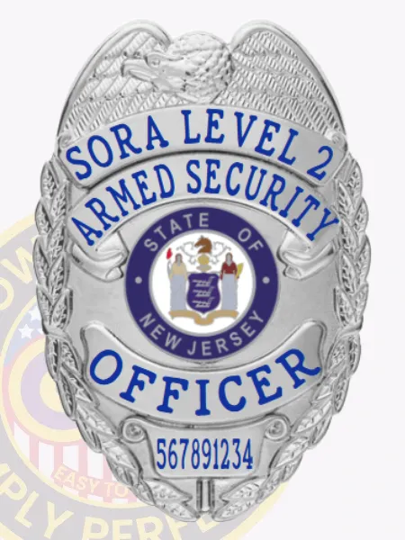 Detailed custom silver metal badge with an eagle at the crest, bright blue text reading SORA LEVEL 2 ARMED SECURITY OFFICER encircling the New Jersey state seal, and a numeric ID plate 567891234 attached with a safety pin.