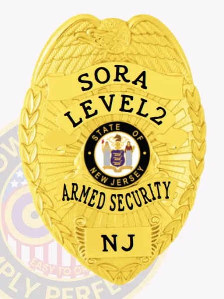 Sleek gold custom metal badge for SORA officers in New Jersey with an eagle crest, black text SORA LEVEL2 ARMED SECURITY NJ around the state seal, and a safety pin backing for easy wear.