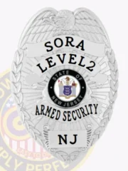 Detailed silver metal badge featuring an eagle on top, black text SORA LEVEL2 ARMED SECURITY NJ surrounding the New Jersey state seal in color, secured by a safety pin attachment on the back.