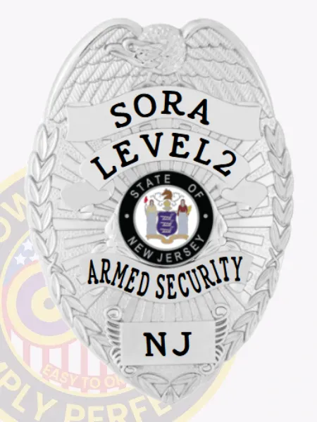 Detailed silver metal badge featuring an eagle on top, black text SORA LEVEL2 ARMED SECURITY NJ surrounding the New Jersey state seal in color, secured by a safety pin attachment on the back.