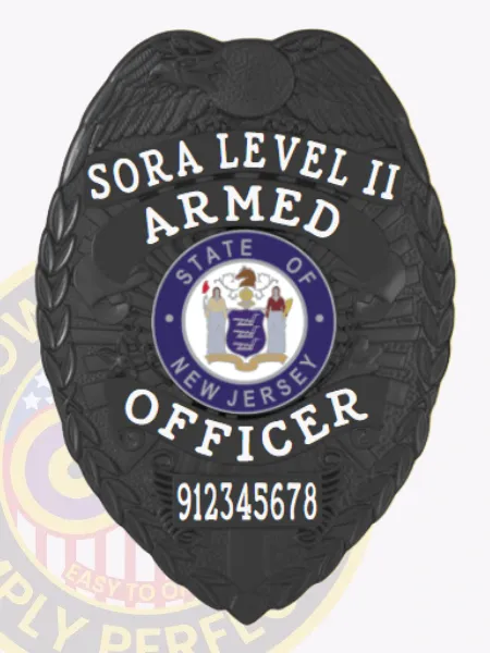 Black eagle top metal badge showing detailed embossed wings and laurel wreath edges, with white lettering reading "SORA LEVEL II ARMED OFFICER" around the New Jersey state emblem in the center and a numeric code below, made for SORA Level II Armed Security and includes a safety pin for secure fastening.