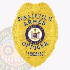 Gold-colored custom metal badge for sora level ii armed security featuring detailed laurel leaves and an eagle at the top, blue engraved text "sora level ii armed officer," the new jersey state seal in the center, and a unique numeric code at the base, attached with a safety pin.