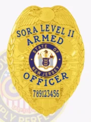 Polished gold metal badge with an eagle emblem on top, surrounded by blue letters "SORA LEVEL II ARMED OFFICER," a multicolored New Jersey state seal in the center, and a badge number beneath, designed specifically for SORA Level II Armed Security and secured with a safety pin.