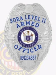 SORA Level II Armed Security custom silver badge featuring a raised eagle design on top, bold blue text "SORA LEVEL II ARMED OFFICER," the State of New Jersey seal in the center, and an identification number "891234567" at the bottom, equipped with a safety pin attachment.