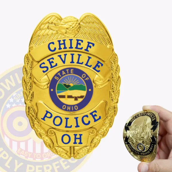 Flexible gold metal badge for Seville Police Dept. The Chief, showing an eagle perched above blue lettering CHIEF, SEVILLE, POLICE, and OH on the gold shield, with a colorful circular Ohio state seal in the middle, attached with velcro for easy wear.