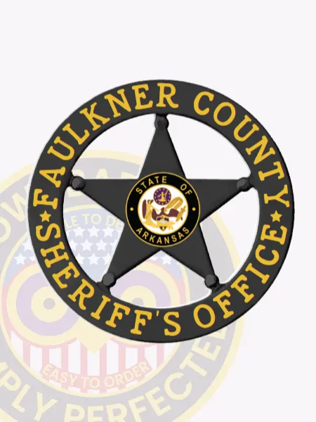 Black 5 point star metal badge for Faulkner County sheriff’s office, highlighted by a black circular border with gold lettering and a detailed Arkansas state seal in the center, equipped with a safety pin attachment