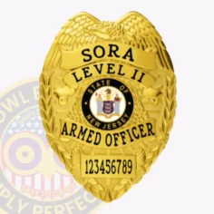 Polished gold metal badge for sora officers in new jersey featuring a raised eagle on top, clear black text sora level ii armed officer, a colorful state seal, and a safety pin attachment along with a number 123456789 at the base.
