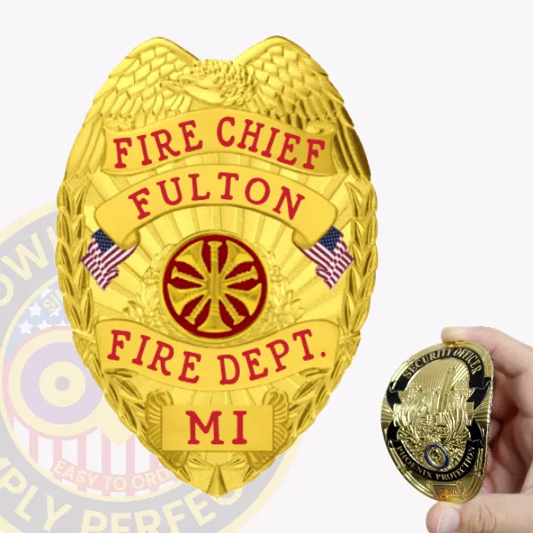 Gold eagle top flex badge for Fulton Fire Dept., decorated with two American flags, red text "FIRE CHIEF FULTON FIRE DEPT. MI," and a central red circle featuring a gold firefighter horn, designed with velcro attachment for easy wear.