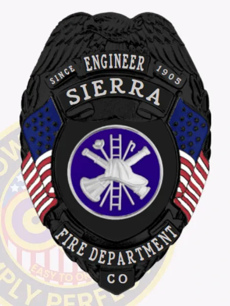 Matte black custom engineer badge for Sierra fire department, eagle on top, white lettering on black ribbons surrounding American flags and a navy circle with silver firefighting equipment in the center, designed with a safety pin closure.