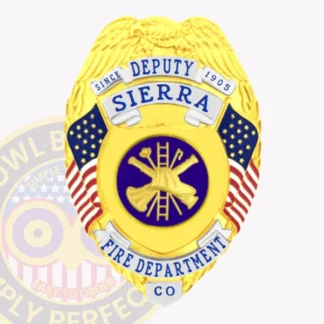 Gold metal deputy badge for Sierra fire department, eagle perched on top, blue text on white ribbons, American flags on both sides, and a navy circle in the center displaying gold firefighting gear, designed with a safety pin fastener.