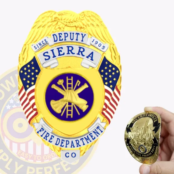 Gold eagle top flex badge for Sierra Fire Dept., decorated with two American flags, blue and white banners reading "DEPUTY SIERRA FIRE DEPARTMENT CO," and a navy circle center featuring gold firefighting equipment, made with a velcro attachment.