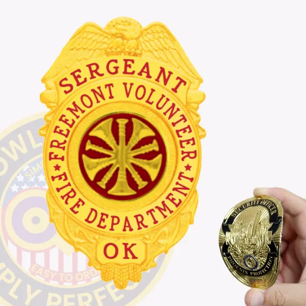 Gold flex sergeant badge for Freemont volunteer fire department, showing an eagle at the top, red lettering surrounding a circular fire horn symbol in red and gold, made for easy wear with velcro backing.