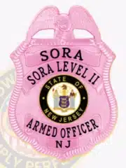 Custom BCAM pink metal badge for SORA Level II armed officer, featuring an embossed eagle at the top, black embossed text including "SORA," "SORA LEVEL II," "ARMED OFFICER," and "NJ," with the State of New Jersey seal in the center.