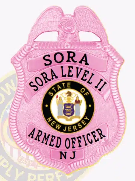 Custom BCAM pink metal badge for SORA Level II armed officer, featuring an embossed eagle at the top, black embossed text including "SORA," "SORA LEVEL II," "ARMED OFFICER," and "NJ," with the State of New Jersey seal in the center.